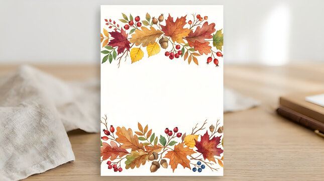 Blank card with watercolor autumn leaves for thanksgiving invitations or seasonal greeting cards on wooden table background