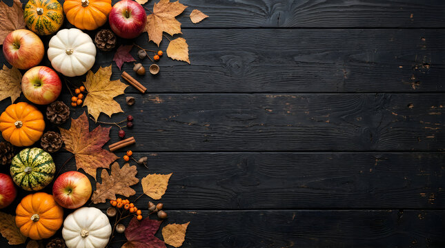 A beautiful and bountiful thanksgiving harvest display with pumpkins gourds and colorful autumn leaves on a dark wood background