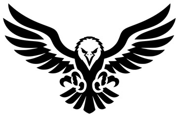 Fototapeta premium Black silhouette of eagle with wide wings and sharp talons. Bold vector artwork symbolizing freedom, courage, and power in a striking graphic style.