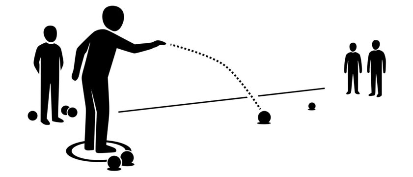 Black silhouette of players throwing balls in p&eacute;tanque. Bold vector artwork symbolizing precision, technique, and group recreation in a clean graphic style.