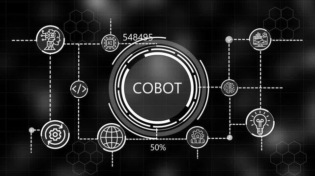 A glowing icon, and manufacturing process COBOT all connected in a digital circuit like pattern. dark tech setting shows smart technology,  interface, marketing strategy and digital advertising.