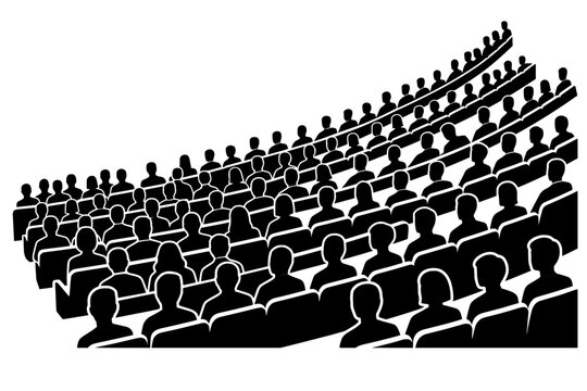 Black silhouette of large crowd seated in curved amphitheater. Bold vector artwork symbolizing education, theater, and collective gathering in a structured setting.