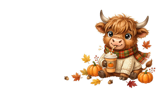 A cute funny cartoon Highland cow with soft fluffy brown fur, wearing a cozy cream-colored knitted sweater and a warm plaid scarf, happily sipping a pumpkin spice latte through a colorful striped stra