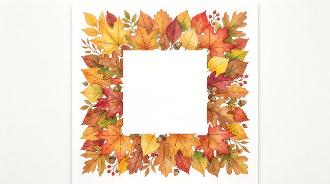 A beautiful and vibrant thanksgiving frame constructed of colorful autumn leaves perfect for seasonal greetings and celebrations
