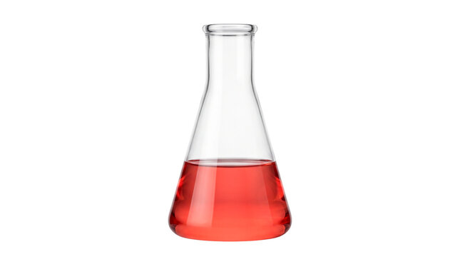 Clear Glass Erlenmeyer Flask with Red Liquid Isolated on Pure White Background