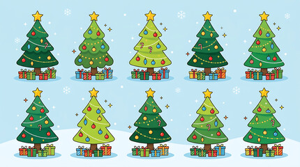 Obraz premium Colorful cartoon christmas trees with lights