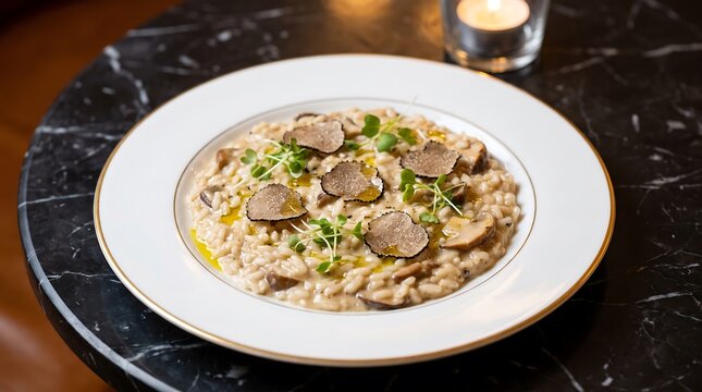 Creamy truffle risotto with mushrooms and parmesan served on elegant white plate