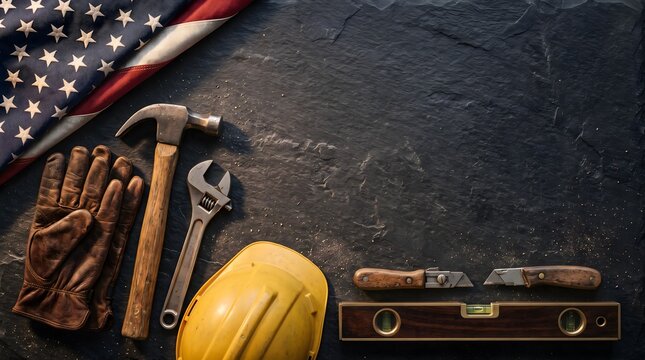 American flag construction tools and hard hat on dark background celebrating labor day with copy space for text.