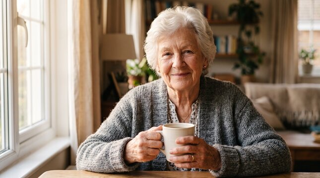 Commercial lifestyle portrait of an elderly senior woman with short white hair wrapped in a patterned shawl, stirring hot tea with a spoon next to a window &ndash; senior care, cozy home environment, retire