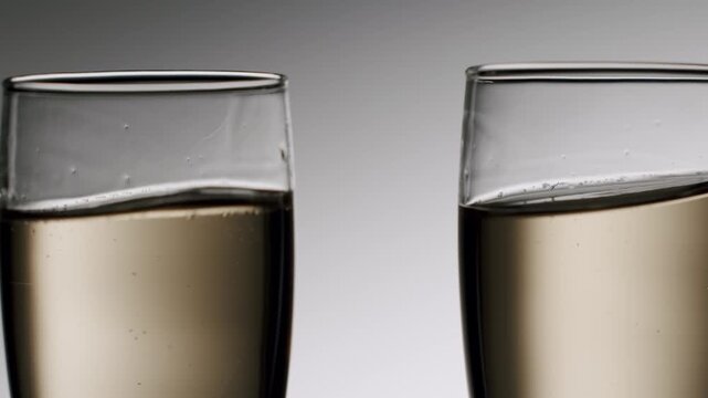 Champagne glasses toasting in a close-up studio shot. Golden sparkling wine splashing inside the crystal clear flutes during a celebration, creating mesmerizing waves and bubbles