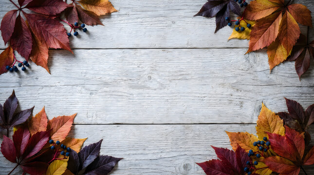 A beautiful and festive thanksgiving flat lay featuring vibrant autumn leaves arranged artfully on a rustic white wood background