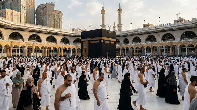 Muslims praying together inside mosque during hajj season