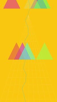 Geometric Triangles in Bold Colors Moving Across a Yellow Background