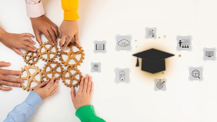 Obraz premium A vibrant scene showcasing diverse hands working together on wooden gears, symbolizing collaboration and learning, complemented by icons representing education and growth. Raster