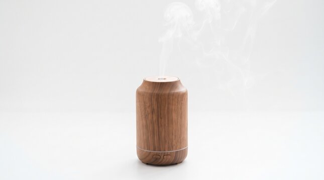 Minimal wooden essential oil diffuser isolated on white background, natural aromatherapy accessory for home wellness, relaxation, spa, meditation, self care, fragrance and