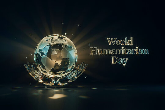World Humanitarian Day poster showing glowing crystal glass hands holding a transparent glowing world map globe with light beam rays and 3D metallic text isolated on dark background banner.