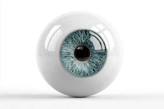 Anatomical 3D render of a realistic human eyeball isolated on white background showing detailed light blue iris texture, black pupil, white sclera with delicate red blood veins, and soft shadow.