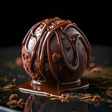 A round dark chocolate truffle with gold and red drip detail