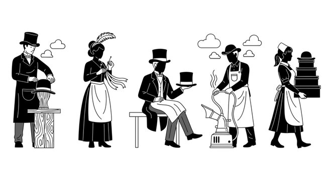 A blackandwhite illustration of five people engaged in traditional hatmaking and delivery processes
