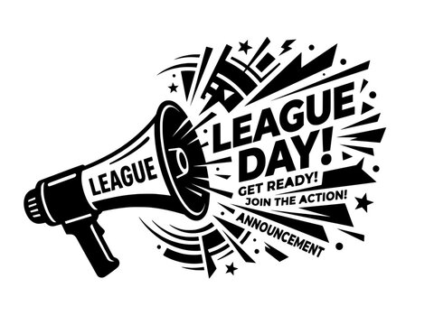 League Day Sports Announcement Poster with Megaphone and Dynamic Action Graphic Design Elements