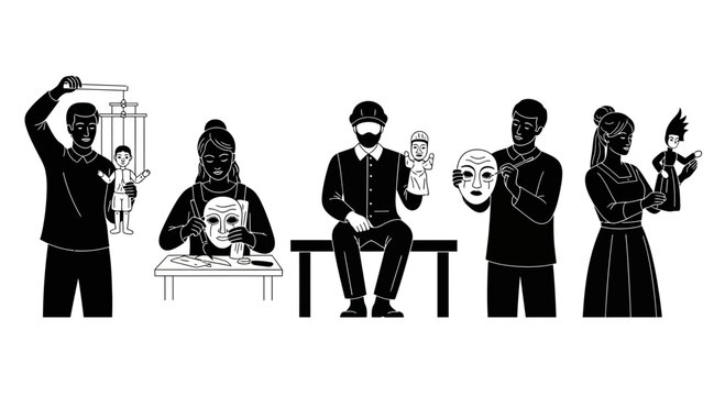 Five silhouetted figures interact with theater masks and puppets against a plain white background