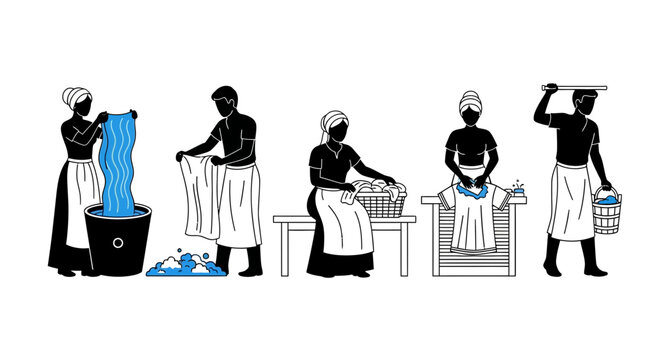 Five silhouetted people in period clothing washing laundry using buckets boards and benches in a manual process