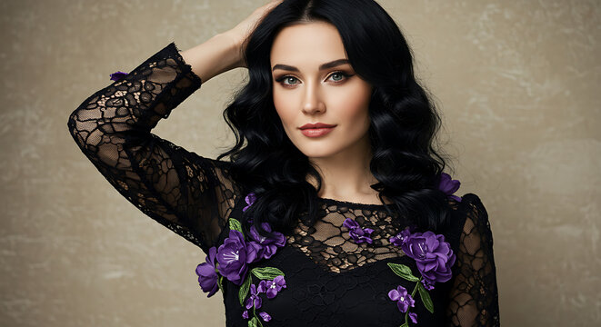 Beautiful young woman with dark wavy hair posing elegantly in a floral lace dress for a captivating studio portrait