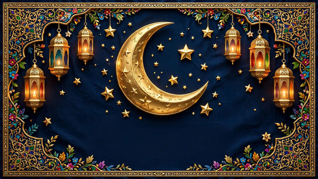 Islamic Ramadan background with golden crescent moon, ornate lanterns and stars on blue fabric, elegant Eid Mubarak greeting card