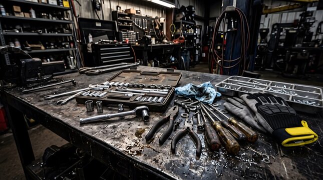 Workbench in garage filled with various tools and equipment including socket set, pliers, screwdrivers, and work gloves.