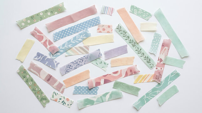 Colorful washi tape strips scattered on a flat surface