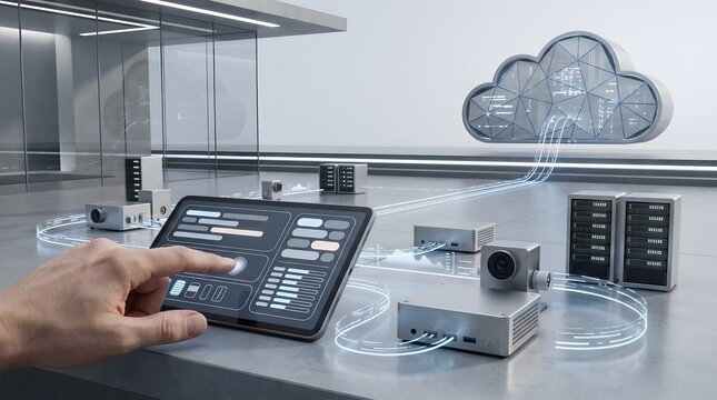Cloud computing infrastructure visualization showing a hand using a tablet to control a vast digital server farm network