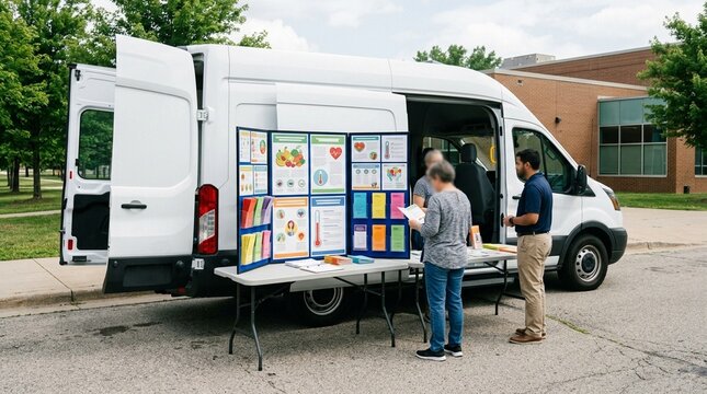Mobile health van's fold-out education display with pamphlets and charts