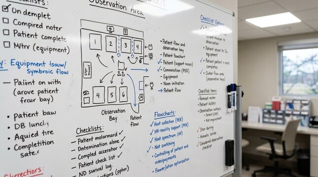 Noting a completed observation area setup on a whiteboard before opening the clinic