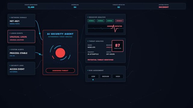 AI cybersecurity agent monitors network activity, detects threats and anomalies, analyzes security events, and supports automated incident response and cyber defense. 