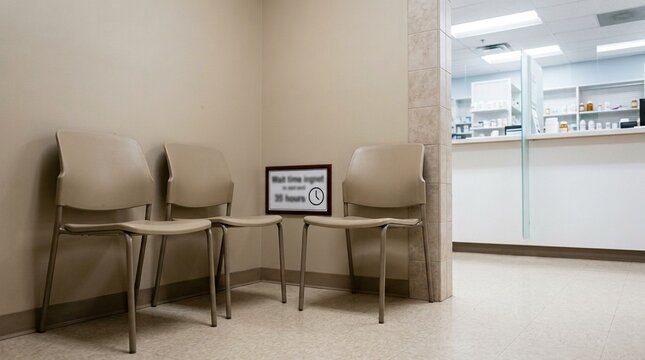 Pharmacy-adjacent monitoring nook with two chairs and a small posted wait-time sign