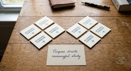 Naklejka premium Academic Compass and Study Notes Arrangement on a Wooden Desk