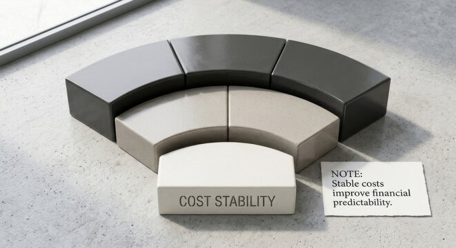 Abstract Ceramic Trapezoids Form Arc with 'Cost Stability' Block and Financial Note