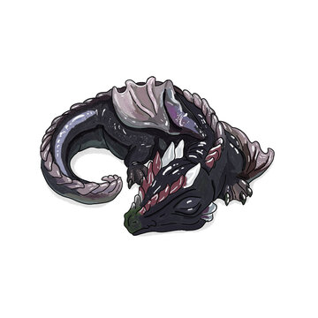 ​Dark purple sleeping dragon, mythical fantasy creature illustration isolated