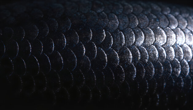Extreme macro close-up of black pomfret fish scales filling entire frame, dark metallic scales with subtle blue-purple iridescence