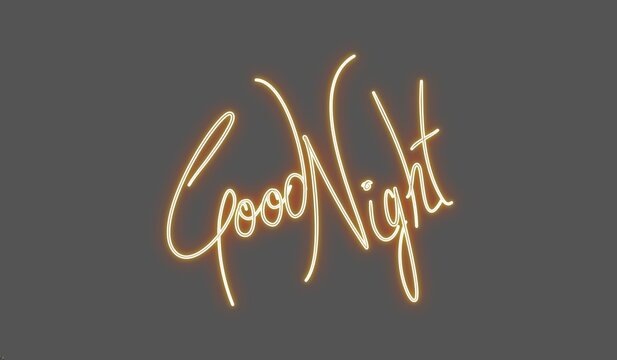 Good night glowing yellow neon script lettering sign with lettering