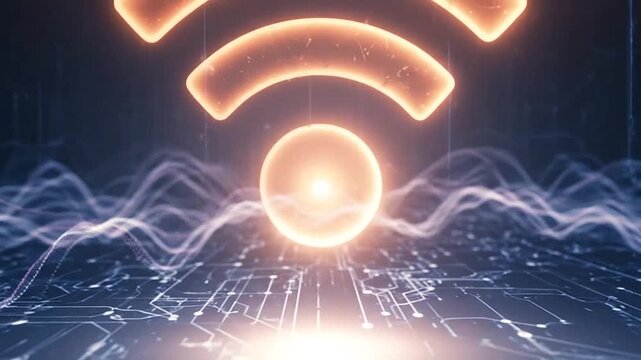 Glowing orange wifi symbol on circuit board background.