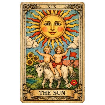 Vintage tarot card 'The Sun' with children riding a white horse.