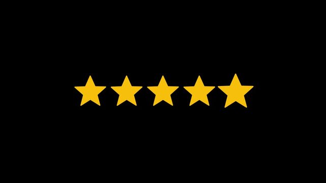 4K motion graphic of Five-star rating with alpha channel transparency. 2D cartoon animation of Product quality, feedback, customer review symbols on black background.