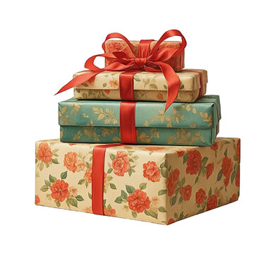 Stack of elegant gift boxes wrapped with red ribbon retro style on transparent background.
