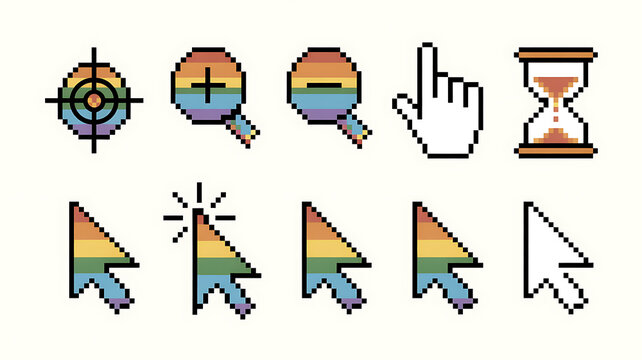 Cursors and digital pointers display rainbow colors in a pixel art icon.