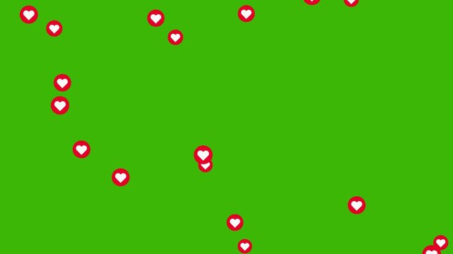 Abstract flying hearts love particles animated on green screen background. Valentine and anniversary celebration concept. Floating shining hearts sparkling love. Romantic hearts icon are rising up.
