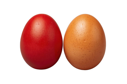 Bright red egg and speckled brown egg isolated on transparent background