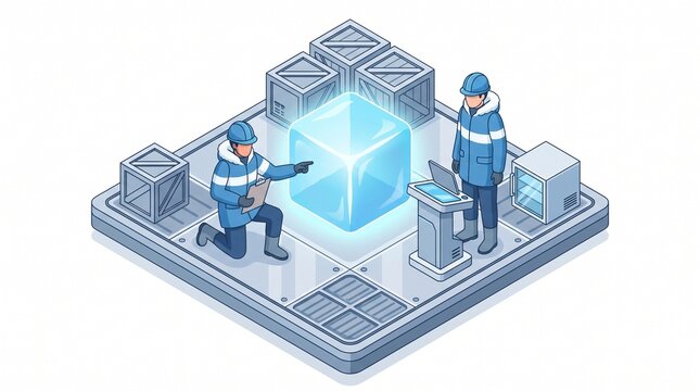 Isometric illustration of two cold chain workers inspecting a giant ice cube