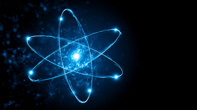 Abstract Glowing Blue Atomic Structure Model With Electrons Orbiting Central Nucleus

