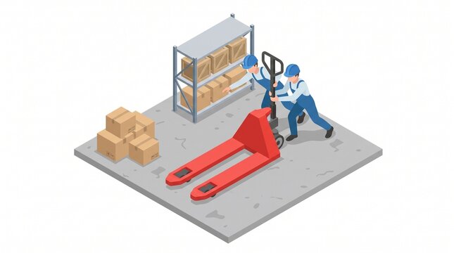 Isometric illustration of two workers pushing a giant manual pallet jack